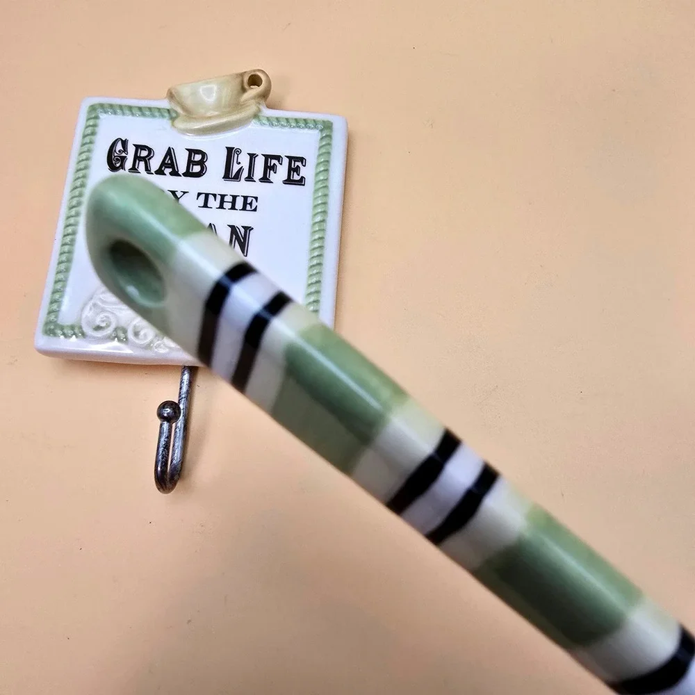 Ceramic Coffee Scoop and Wall‎ Hook Set Grab Life By The Bean Sage Green Cream